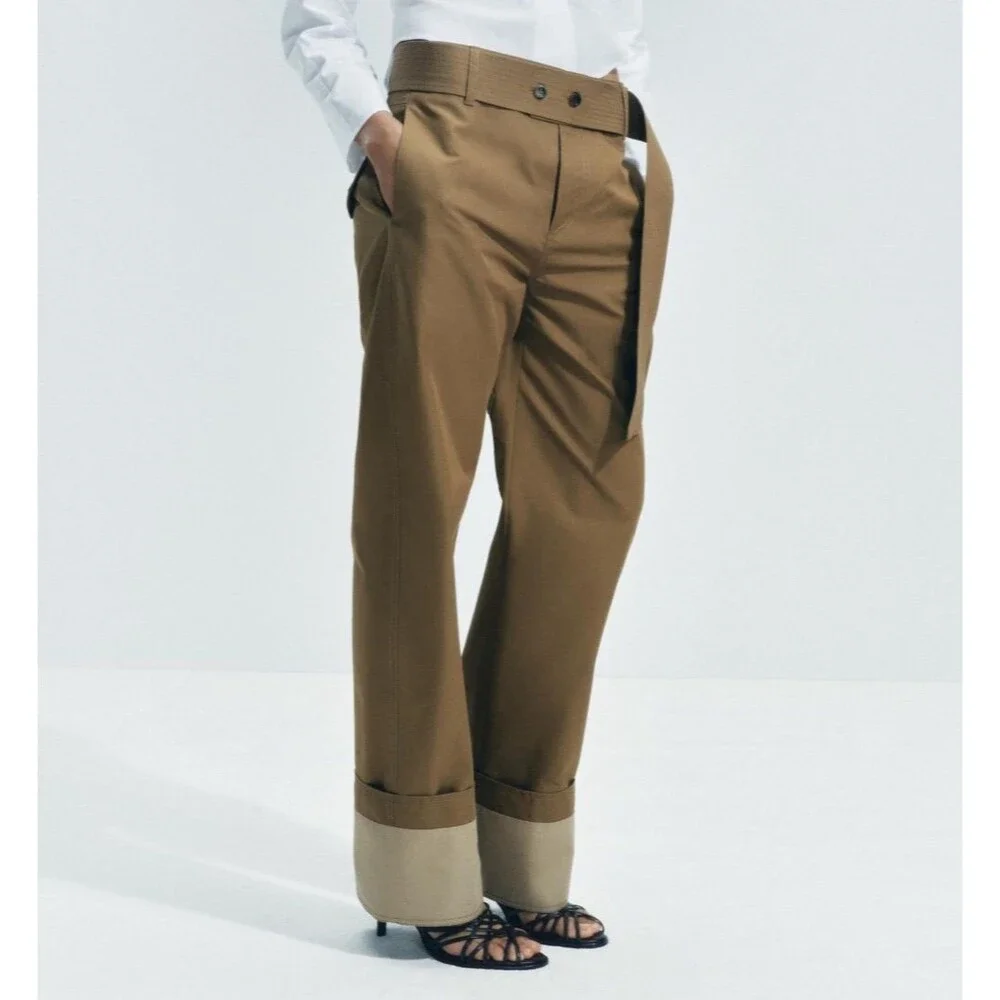 Zara  Woman Collection Medium Belted Twill Wide Leg Pants Women’s Olive Brown - Picture 11 of 11